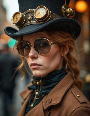 The primary subject of the image is a woman wearing a brown coat, a hat, and glasses. She is standing in a street setting, with a brick wall visible in the background. The visual style of the image is a photo, capturing the woman's unique appearance and outfit. The colors in the image are predominantly brown, giving the scene a warm and earthy atmosphere.